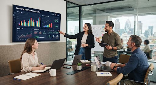 Digital marketing meeting and analytics dashboard